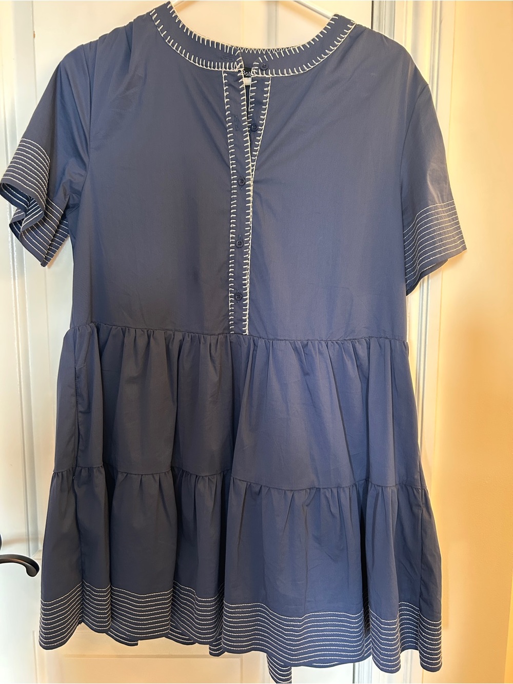 Strut & Bolt Tiered Short-Sleeve Dress with Contrast Stitching - navy
